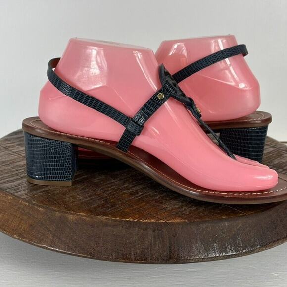 Tory Burch Sandal Women 8 Blue Mini Miller Leather Lizard-Print Thong Block Heel - Picture 6 of 10